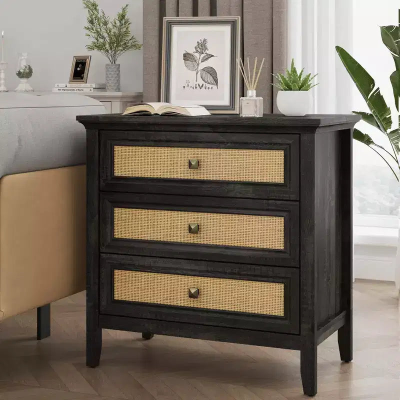 Commode à 3 tiroirs en rotin, Chiffonnier en bois style ferme, Chêne foncé