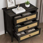 Commode à 3 tiroirs en rotin, Chiffonnier en bois style ferme, Chêne foncé