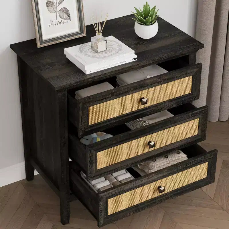 Commode à 3 tiroirs en rotin, Chiffonnier en bois style ferme, Chêne foncé