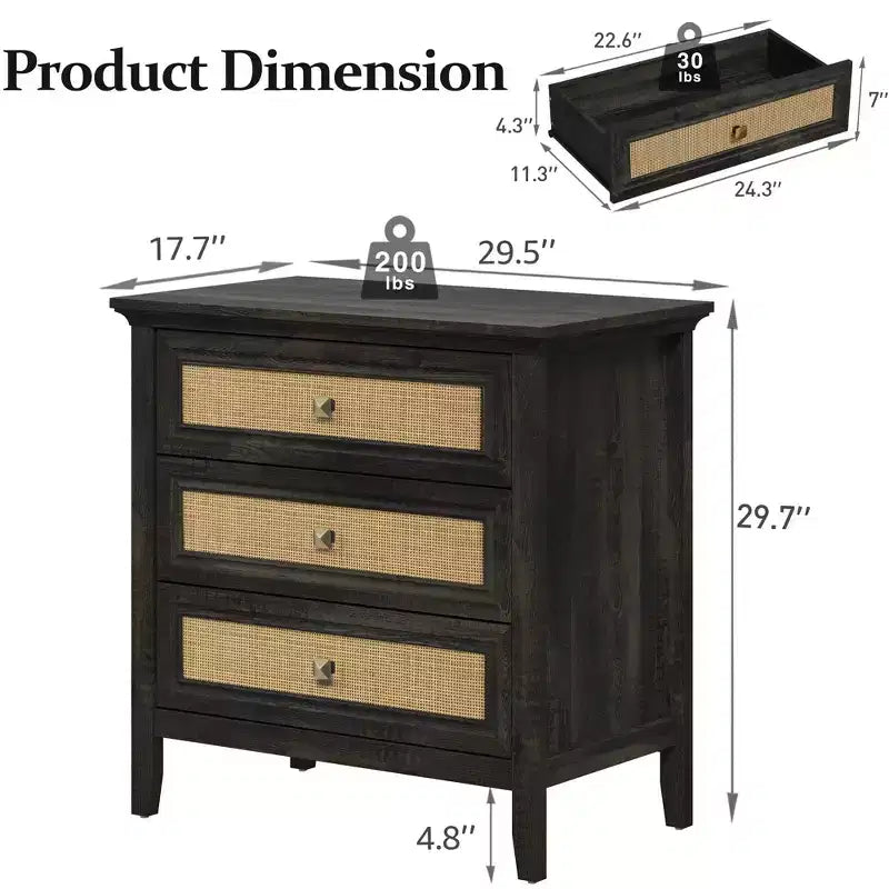 Commode à 3 tiroirs en rotin, Chiffonnier en bois style ferme, Chêne foncé