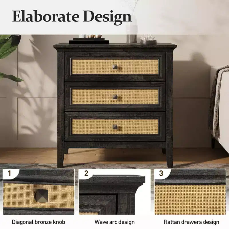 Commode à 3 tiroirs en rotin, Chiffonnier en bois style ferme, Chêne foncé
