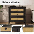 Commode à 3 tiroirs en rotin, Chiffonnier en bois style ferme, Chêne foncé