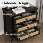 Commode à 3 tiroirs en rotin, Chiffonnier en bois style ferme, Chêne foncé