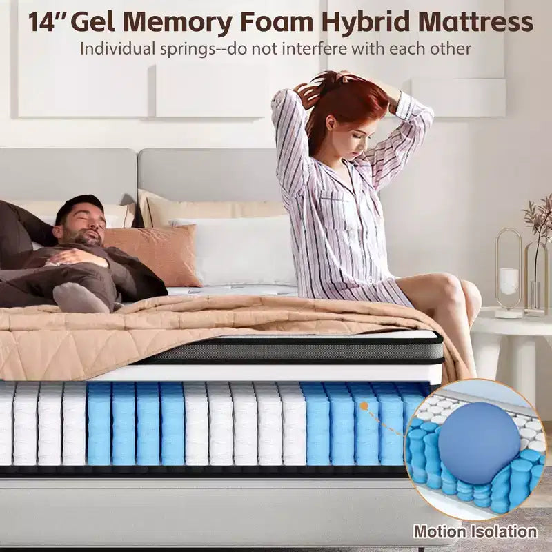 Matelas à mémoire de forme Queen Size, matelas hybride à ressorts intérieurs de 14 pouces, plusieurs tailles
