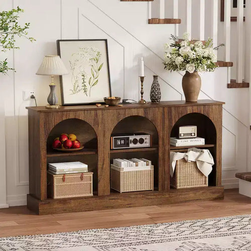 63 In Modern Arched TV Stand with Power Outlets USB Ports 3-Tier Rustic Brown Media Console Charging Station for Entryway Living Room TV Up to 70 In