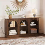 Meuble TV arqué moderne de 63 pouces avec prises de courant et ports USB, console multimédia rustique marron à 3 niveaux avec station de charge pour entrée de salon, TV jusqu'à 70 pouces
