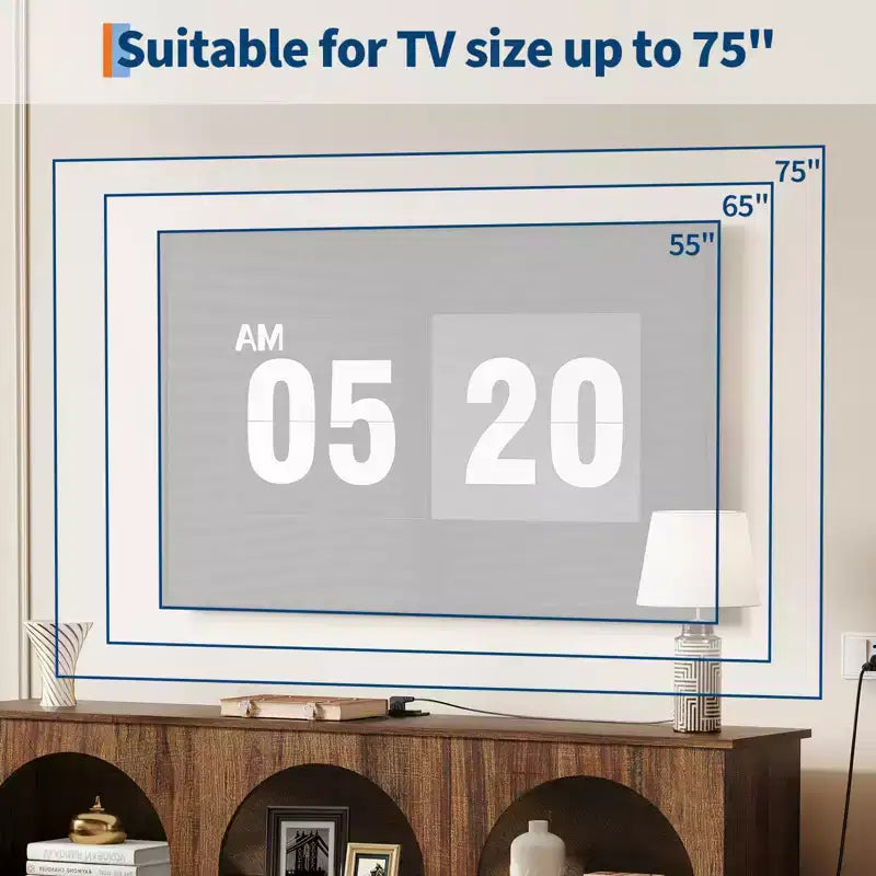 Meuble TV arqué moderne de 63 pouces avec prises de courant et ports USB, console multimédia rustique marron à 3 niveaux avec station de charge pour entrée de salon, TV jusqu'à 70 pouces