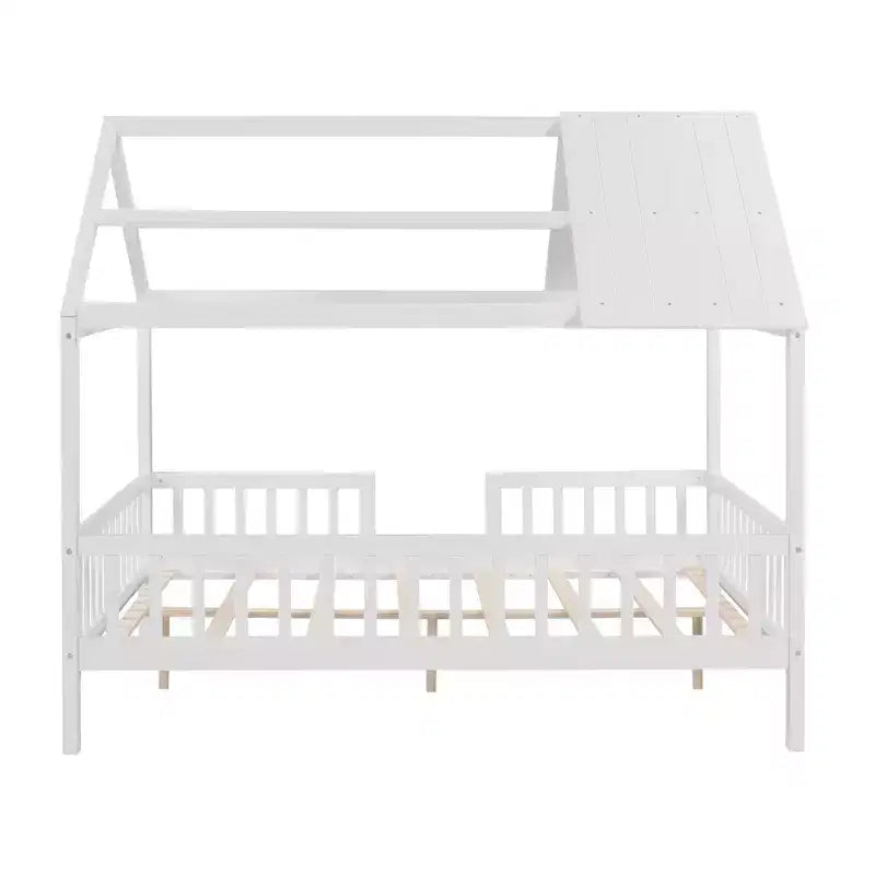 Lit cabane pleine grandeur Luxystar avec toit et clôture pour chambre d'enfant, blanc