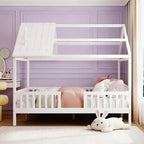 Lit cabane pleine grandeur Luxystar avec toit et clôture pour chambre d'enfant, blanc