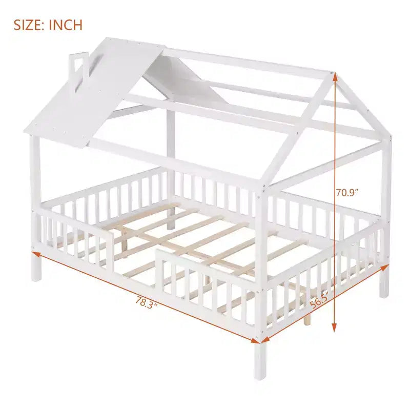 Lit cabane pleine grandeur Luxystar avec toit et clôture pour chambre d'enfant, blanc