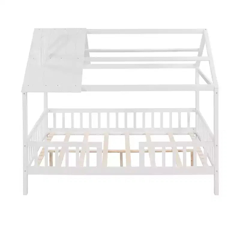 Lit cabane pleine grandeur Luxystar avec toit et clôture pour chambre d'enfant, blanc