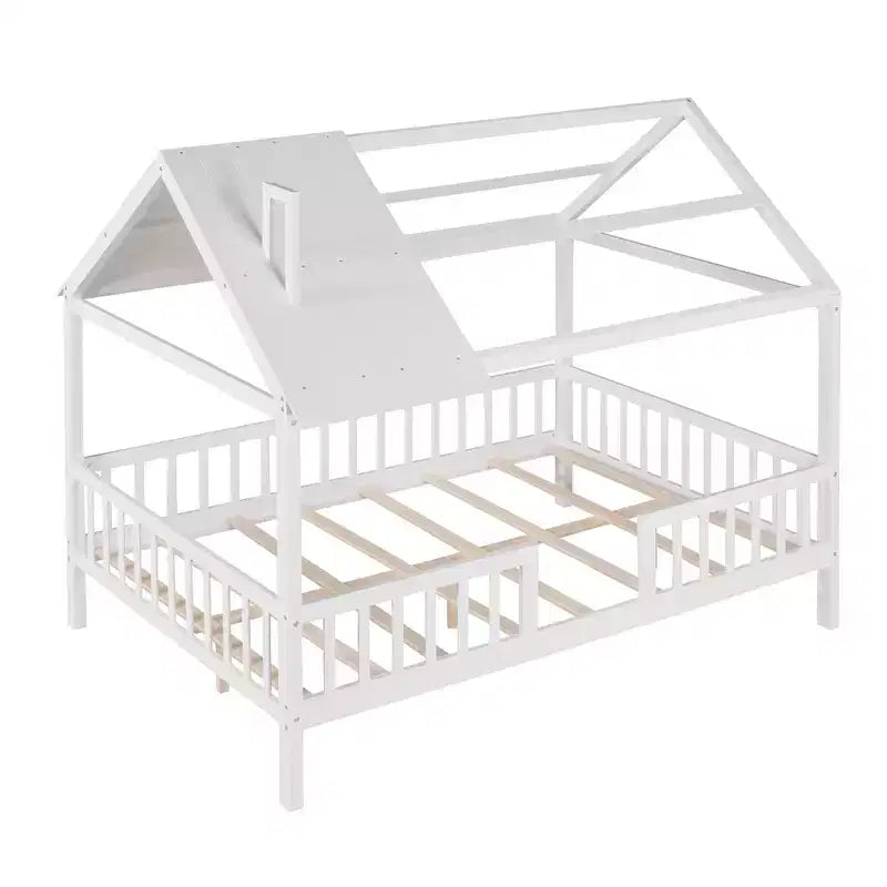 Lit cabane pleine grandeur Luxystar avec toit et clôture pour chambre d'enfant, blanc