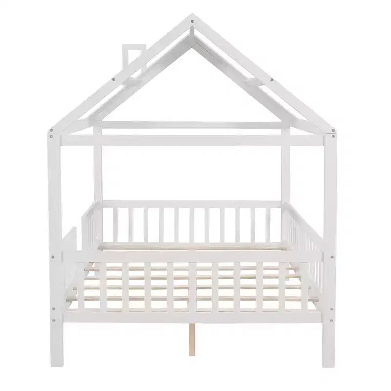 Lit cabane pleine grandeur Luxystar avec toit et clôture pour chambre d'enfant, blanc