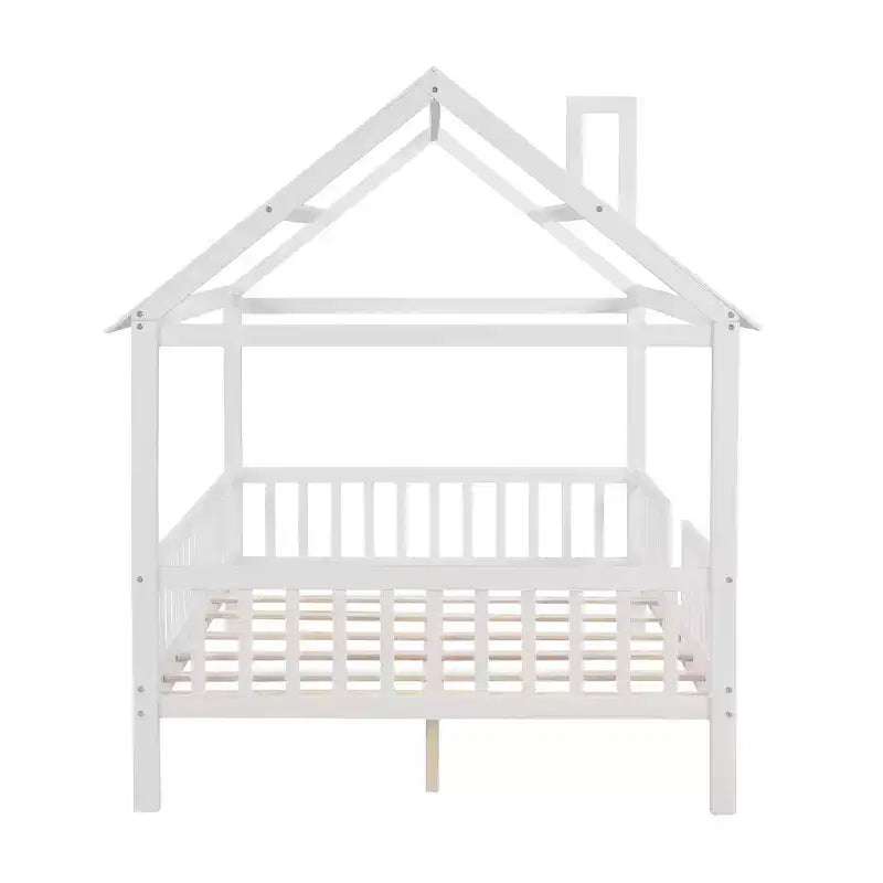 Lit cabane pleine grandeur Luxystar avec toit et clôture pour chambre d'enfant, blanc