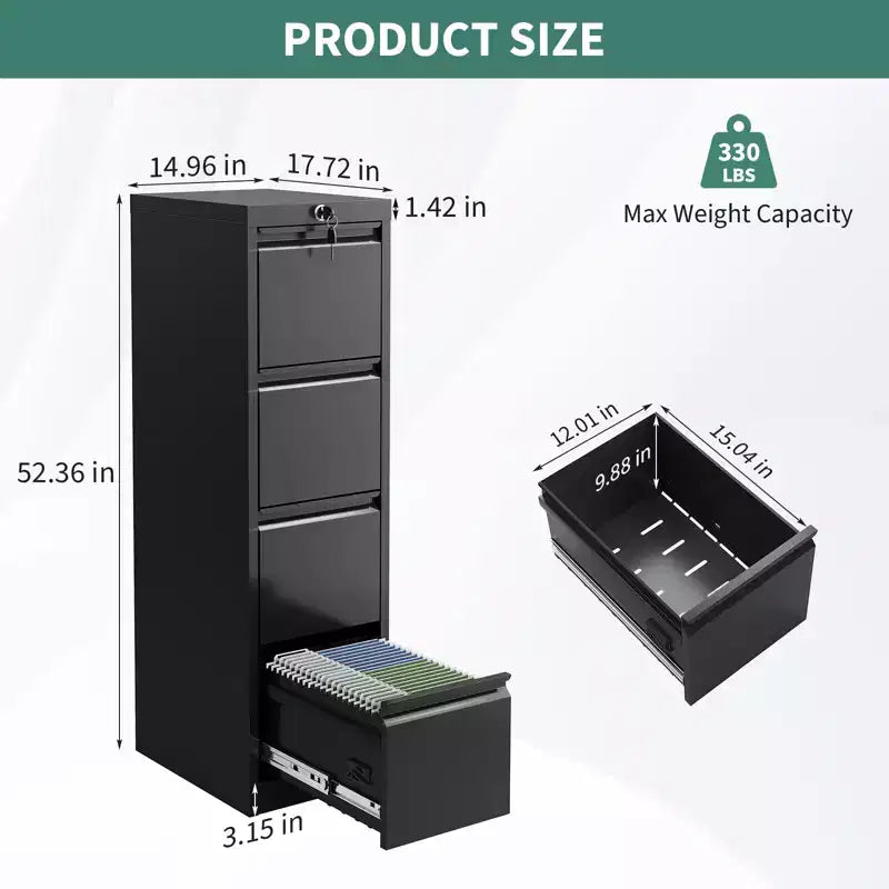 Classeur à 3 tiroirs verrouillables en métal noir pour bureau à domicile, pouvant contenir des dossiers de format Lettre/Légal/A4/F4