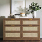 53 Rattan 6-Drawer Dresser  Arched Cabinet. Deep Storage. hard Wood Frame  Light Wood. for Bedroom or Living Room