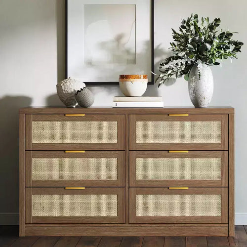 53 Rattan 6-Drawer Dresser  Arched Cabinet. Deep Storage. hard Wood Frame  Light Wood. for Bedroom or Living Room