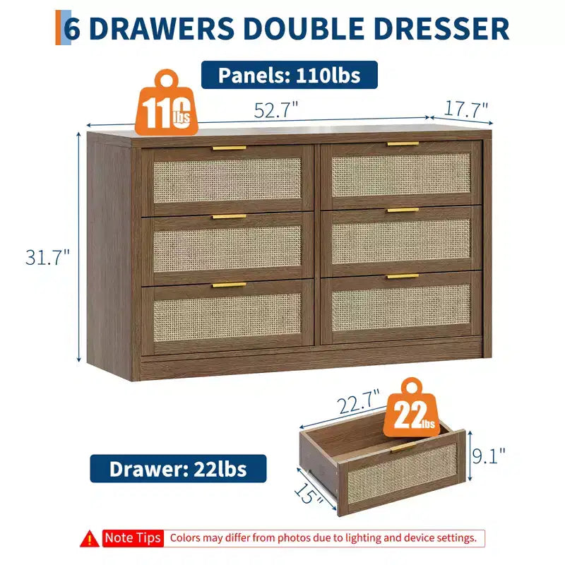 Commode 6 tiroirs en rotin 53 po. Armoire à arcades. Rangement profond. Cadre en bois dur. Bois clair. Pour chambre à coucher ou salon