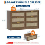 Commode 6 tiroirs en rotin 53 po. Armoire à arcades. Rangement profond. Cadre en bois dur. Bois clair. Pour chambre à coucher ou salon