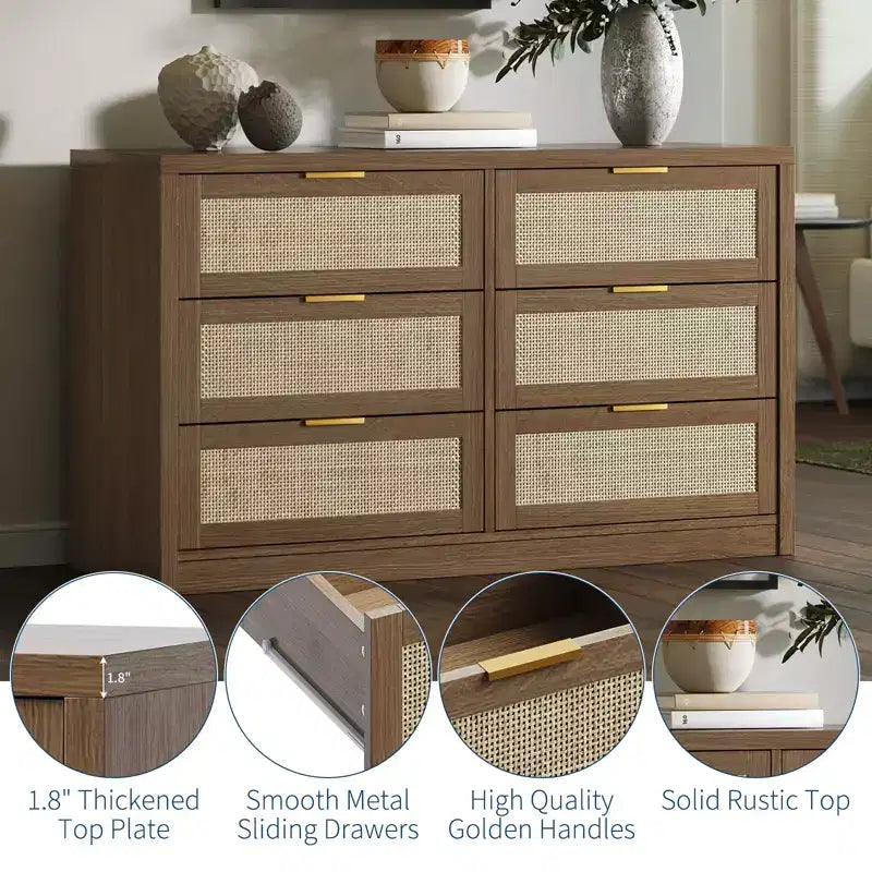 Commode 6 tiroirs en rotin 53 po. Armoire à arcades. Rangement profond. Cadre en bois dur. Bois clair. Pour chambre à coucher ou salon