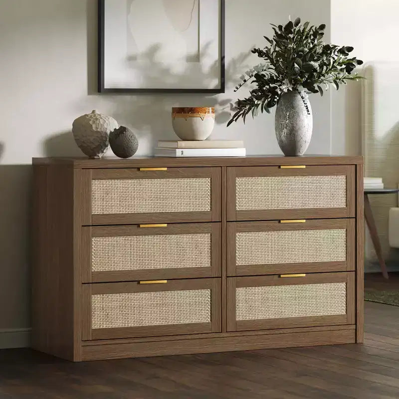 Commode 6 tiroirs en rotin 53 po. Armoire à arcades. Rangement profond. Cadre en bois dur. Bois clair. Pour chambre à coucher ou salon