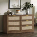 Commode 6 tiroirs en rotin 53 po. Armoire à arcades. Rangement profond. Cadre en bois dur. Bois clair. Pour chambre à coucher ou salon