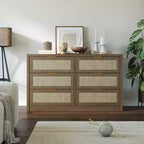 Commode 6 tiroirs en rotin 53 po. Armoire à arcades. Rangement profond. Cadre en bois dur. Bois clair. Pour chambre à coucher ou salon