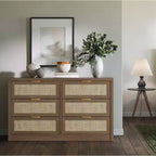 Commode 6 tiroirs en rotin 53 po. Armoire à arcades. Rangement profond. Cadre en bois dur. Bois clair. Pour chambre à coucher ou salon