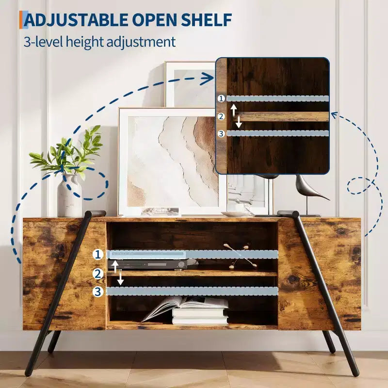 Meuble TV de ferme moderne pour téléviseurs de 50 à 70 pouces, meuble de divertissement en bois avec étagères ouvertes réglables, pieds en métal en U pour salon, chambre à coucher