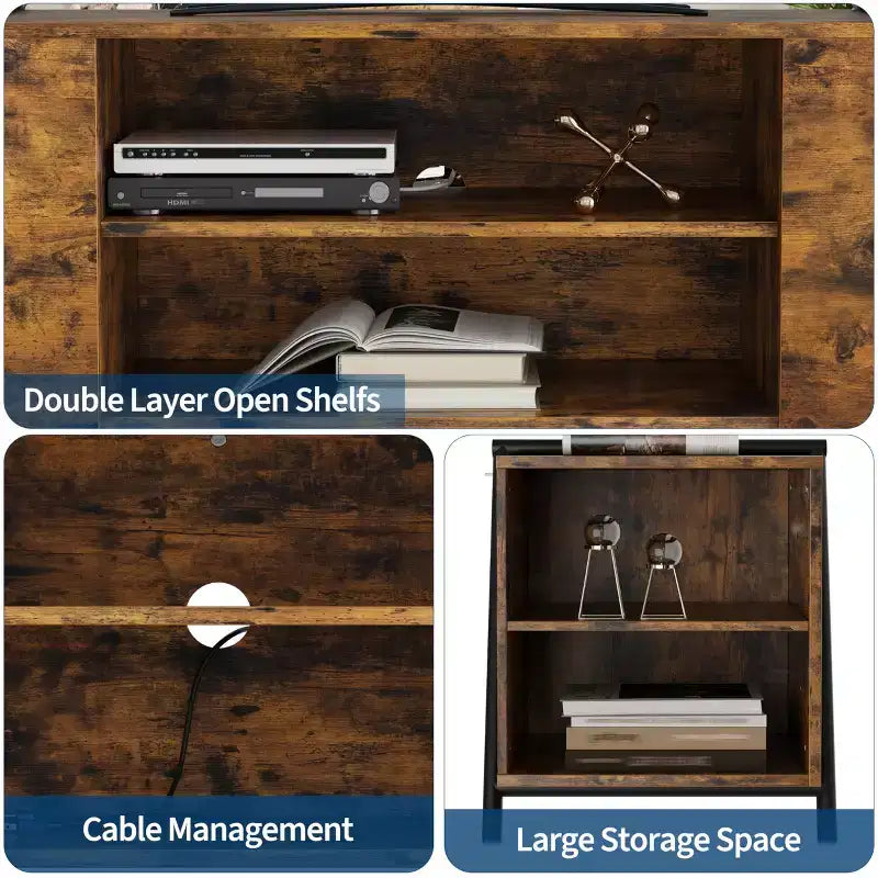 Meuble TV de ferme moderne pour téléviseurs de 50 à 70 pouces, meuble de divertissement en bois avec étagères ouvertes réglables, pieds en métal en U pour salon, chambre à coucher