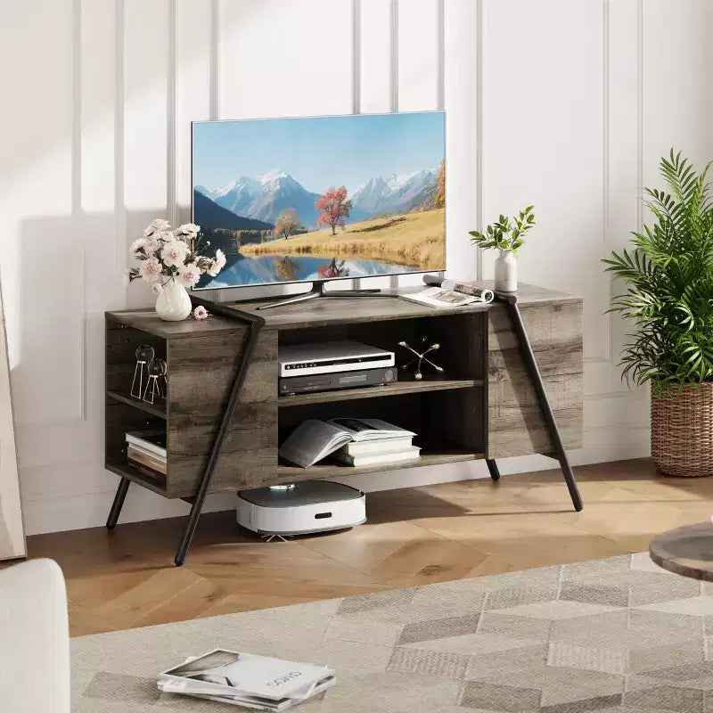 Modern Farmhouse TV Stand for 50-70 TVs  Wood Entertainment Center with Adjustable Open Shelves, U-Shaped Metal Legs  for Living Room, Bedroom