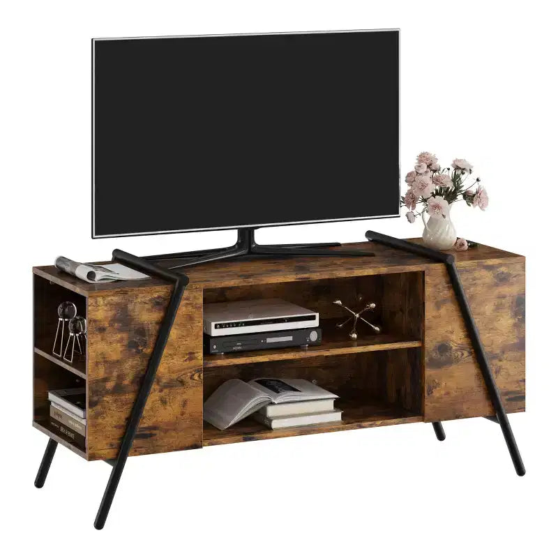 Meuble TV de ferme moderne pour téléviseurs de 50 à 70 pouces, meuble de divertissement en bois avec étagères ouvertes réglables, pieds en métal en U pour salon, chambre à coucher