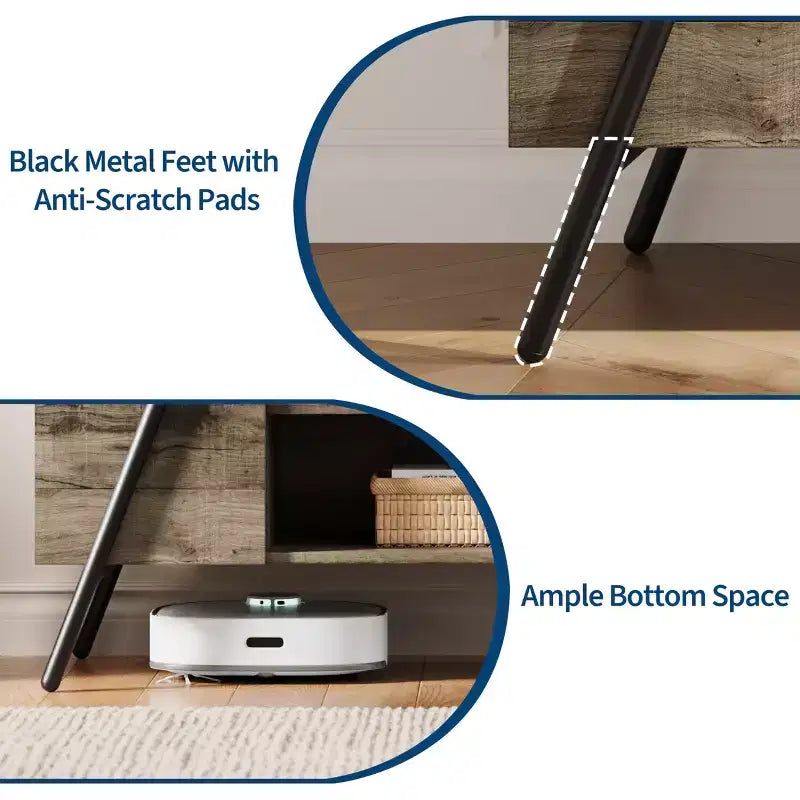 Meuble TV de ferme moderne pour téléviseurs de 50 à 70 pouces, meuble de divertissement en bois avec étagères ouvertes réglables, pieds en métal en U pour salon, chambre à coucher