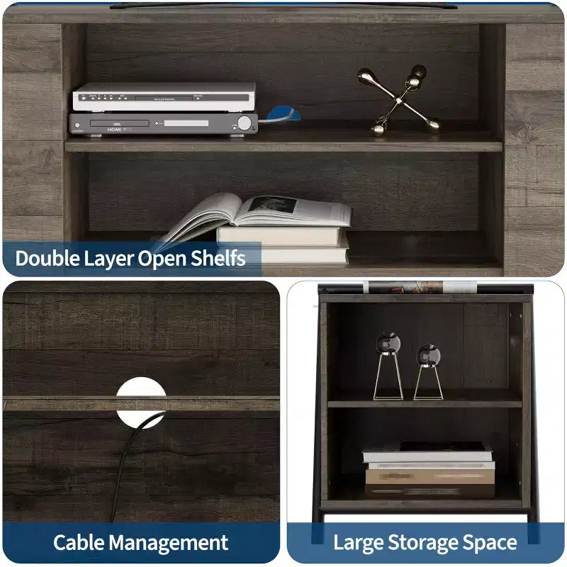 Meuble TV de ferme moderne pour téléviseurs de 50 à 70 pouces, meuble de divertissement en bois avec étagères ouvertes réglables, pieds en métal en U pour salon, chambre à coucher