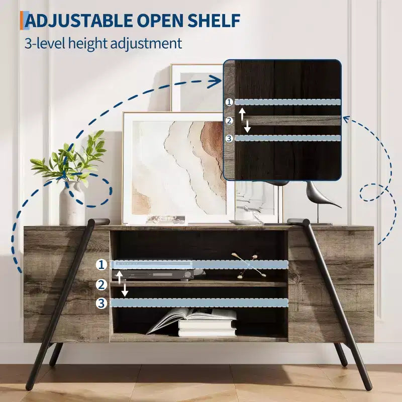 Meuble TV de ferme moderne pour téléviseurs de 50 à 70 pouces, meuble de divertissement en bois avec étagères ouvertes réglables, pieds en métal en U pour salon, chambre à coucher
