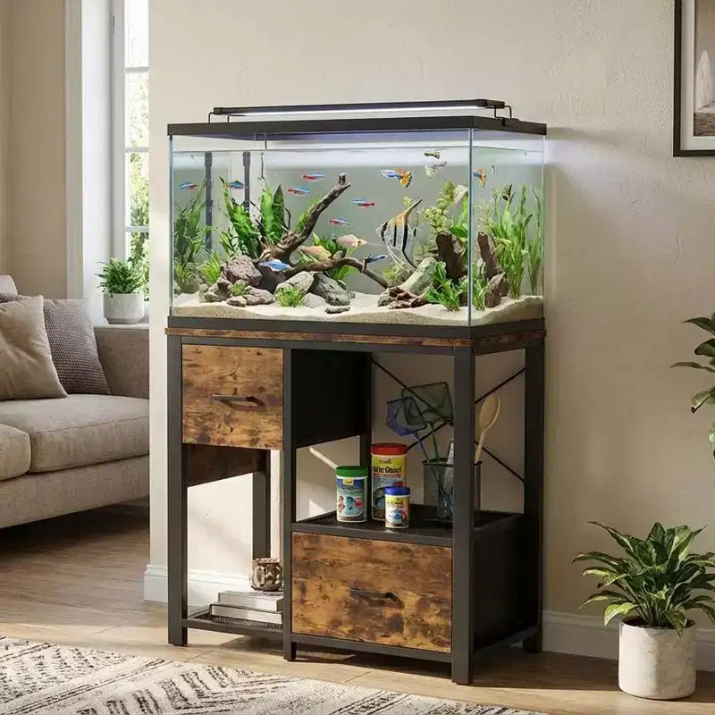 Meuble de support pour aquarium de 20 à 37 gallons avec prises électriques, en métal robuste et bois, avec 4 étagères ouvertes et pieds solides