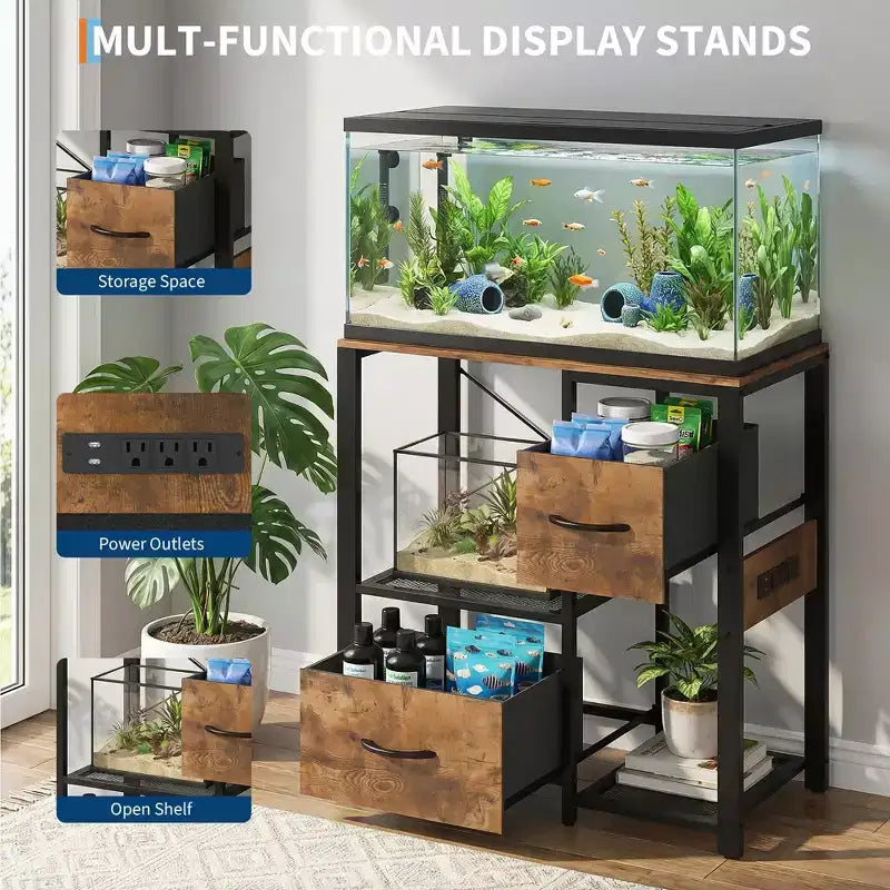 Meuble de support pour aquarium de 20 à 37 gallons avec prises électriques, en métal robuste et bois, avec 4 étagères ouvertes et pieds solides