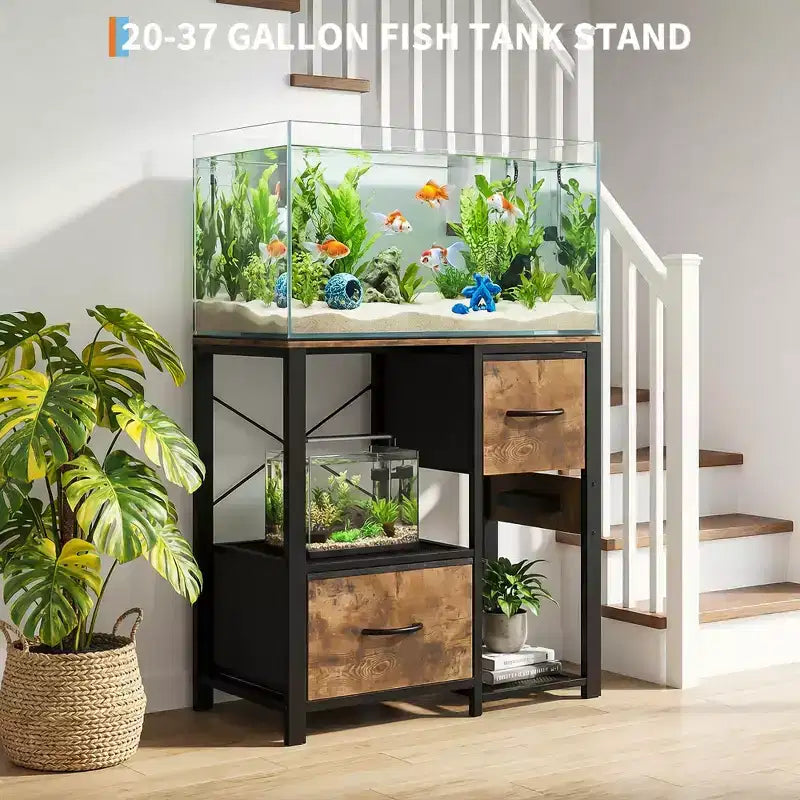 Meuble de support pour aquarium de 20 à 37 gallons avec prises électriques, en métal robuste et bois, avec 4 étagères ouvertes et pieds solides