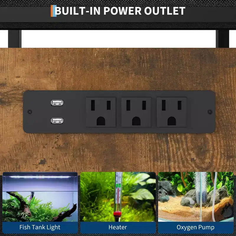 Meuble de support pour aquarium de 20 à 37 gallons avec prises électriques, en métal robuste et bois, avec 4 étagères ouvertes et pieds solides