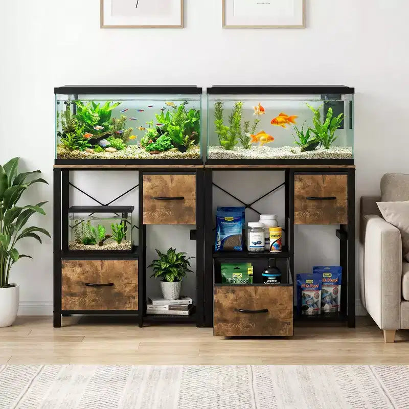 Meuble de support pour aquarium de 20 à 37 gallons avec prises électriques, en métal robuste et bois, avec 4 étagères ouvertes et pieds solides
