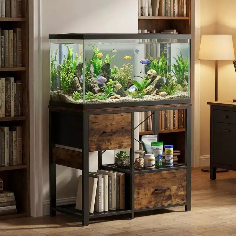 Meuble de support pour aquarium de 20 à 37 gallons avec prises électriques, en métal robuste et bois, avec 4 étagères ouvertes et pieds solides