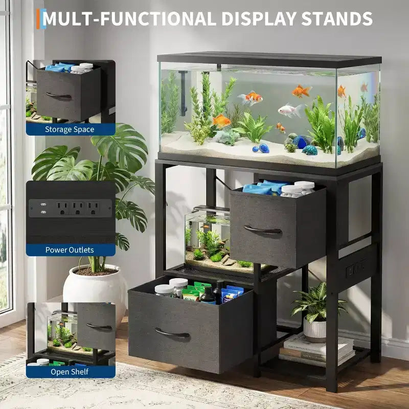 Meuble de support pour aquarium de 20 à 37 gallons avec prises électriques, en métal robuste et bois, avec 4 étagères ouvertes et pieds solides
