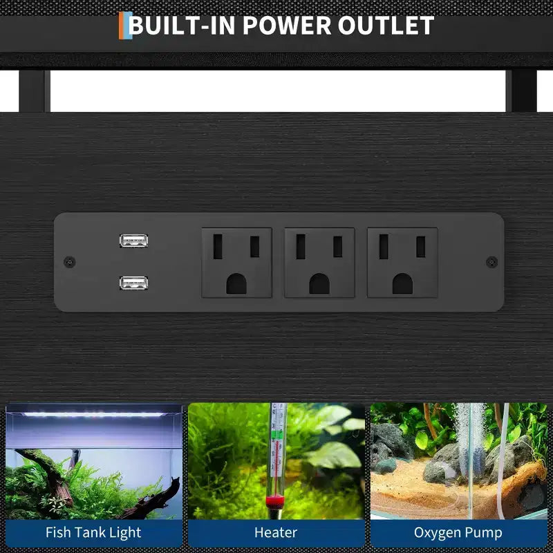Meuble de support pour aquarium de 20 à 37 gallons avec prises électriques, en métal robuste et bois, avec 4 étagères ouvertes et pieds solides