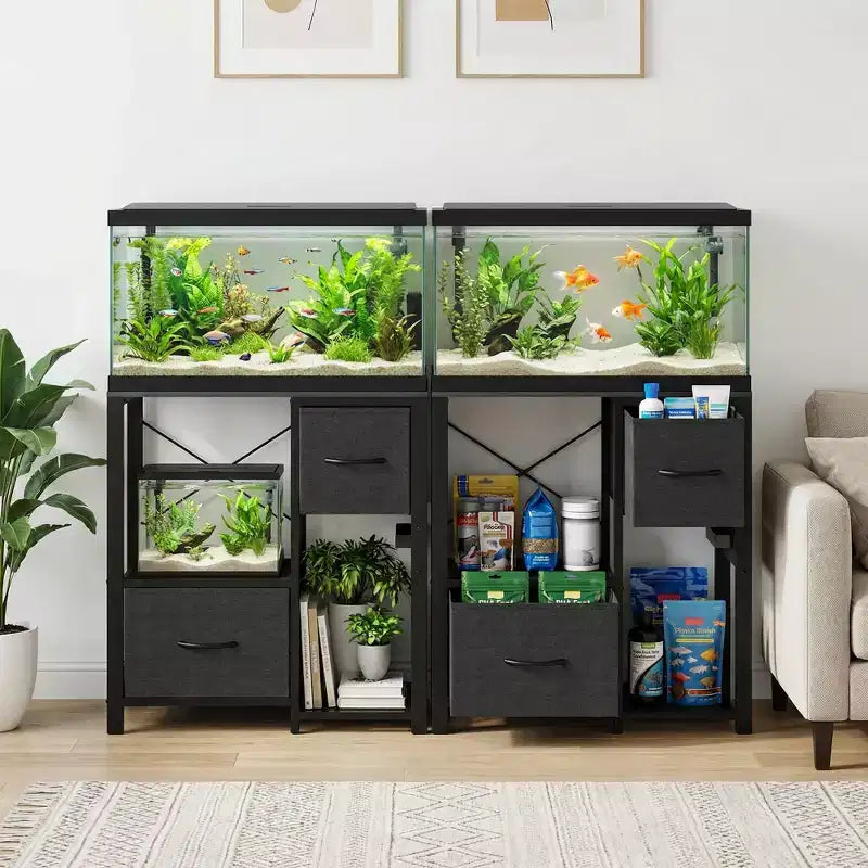Meuble de support pour aquarium de 20 à 37 gallons avec prises électriques, en métal robuste et bois, avec 4 étagères ouvertes et pieds solides