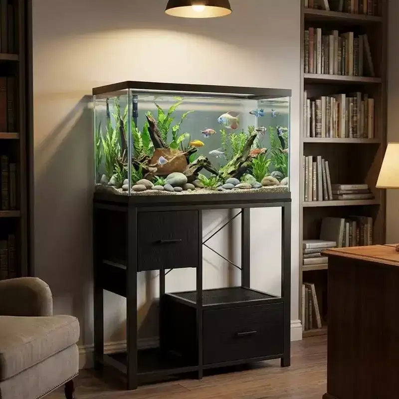 Meuble de support pour aquarium de 20 à 37 gallons avec prises électriques, en métal robuste et bois, avec 4 étagères ouvertes et pieds solides