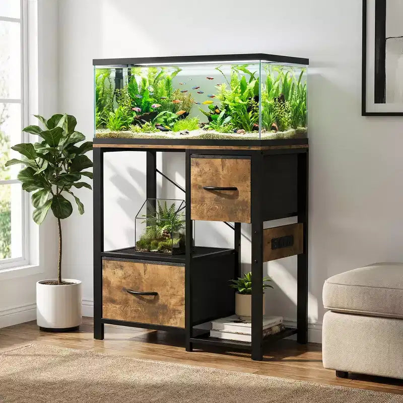 Meuble de support pour aquarium de 20 à 37 gallons avec prises électriques, en métal robuste et bois, avec 4 étagères ouvertes et pieds solides