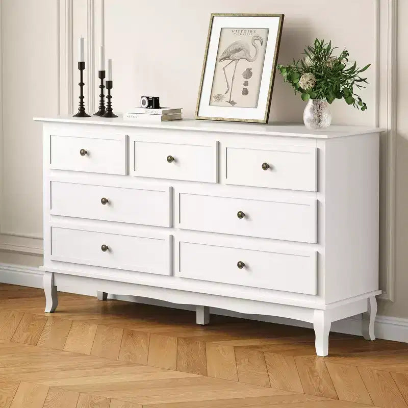Modern 7-Drawer Sideboard, White Buffet Cabinet with Wood Legs