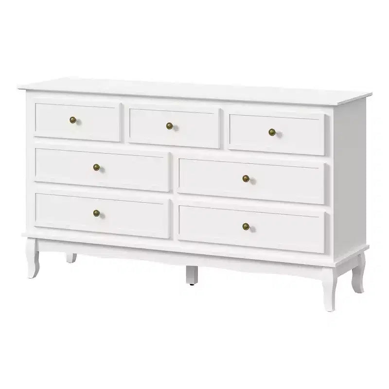 Bahut moderne à 7 tiroirs, buffet blanc avec pieds en bois