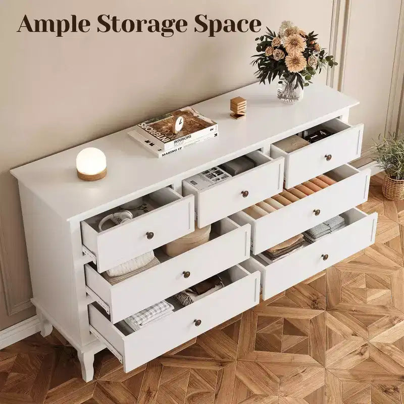 Bahut moderne à 7 tiroirs, buffet blanc avec pieds en bois
