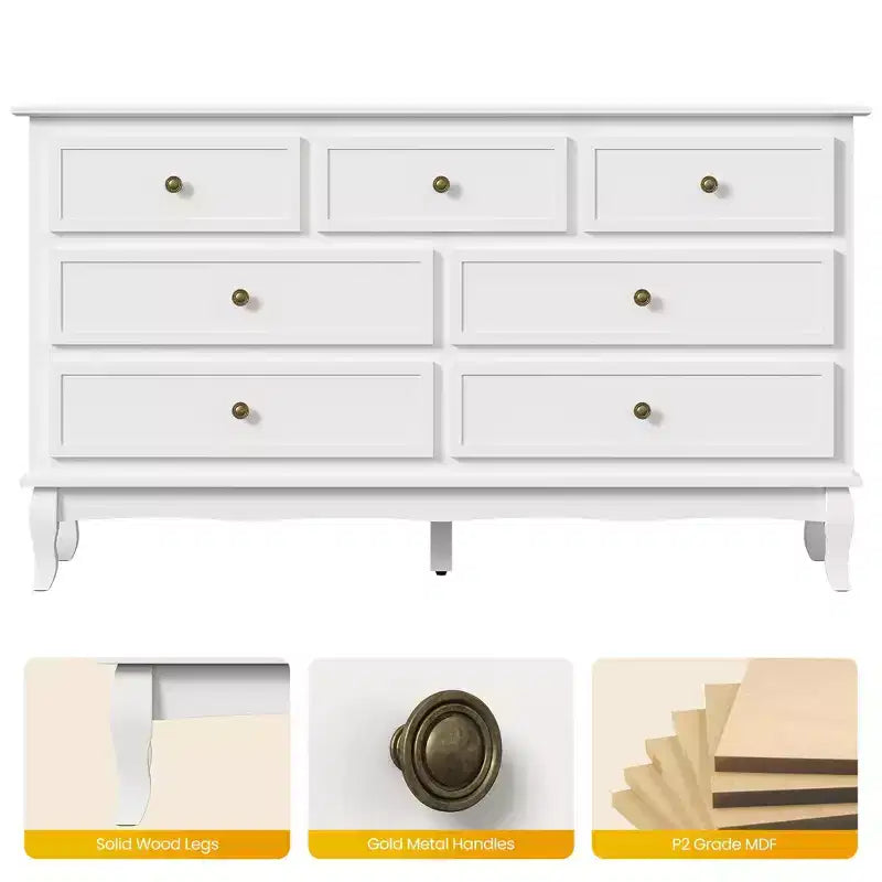 Bahut moderne à 7 tiroirs, buffet blanc avec pieds en bois